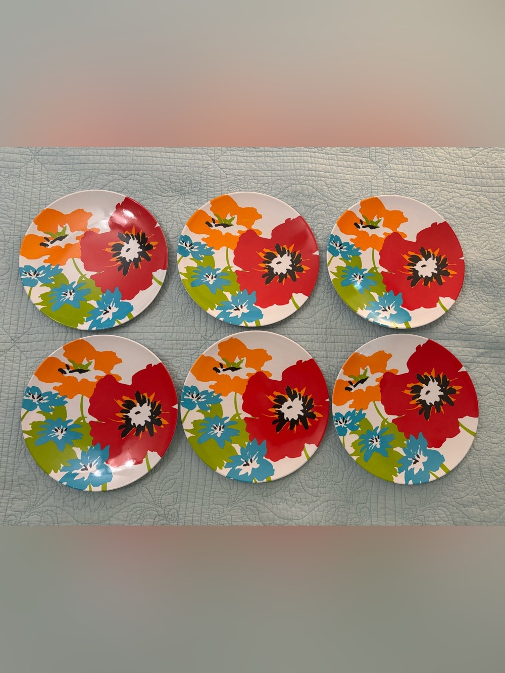 Set of 6 large colorful poppy print melamine plates - 11” Dinner Size